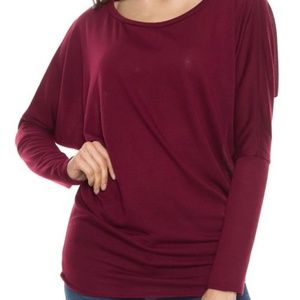 Solid Round Neck Dolman Sleeve Knit Top - Burgundy